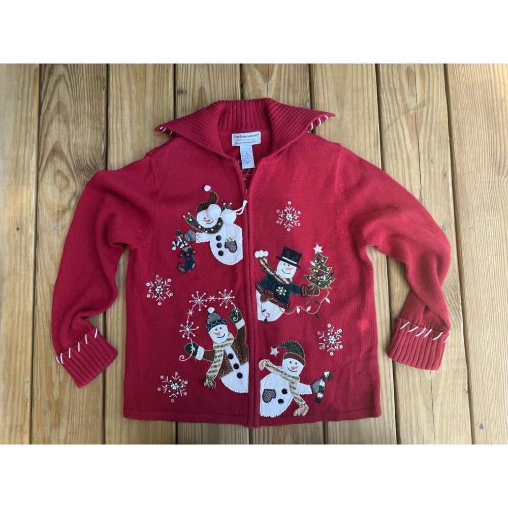 Y2K Tiara International  2004 Snowmen Holiday Zip Cardigan Sweater Medium